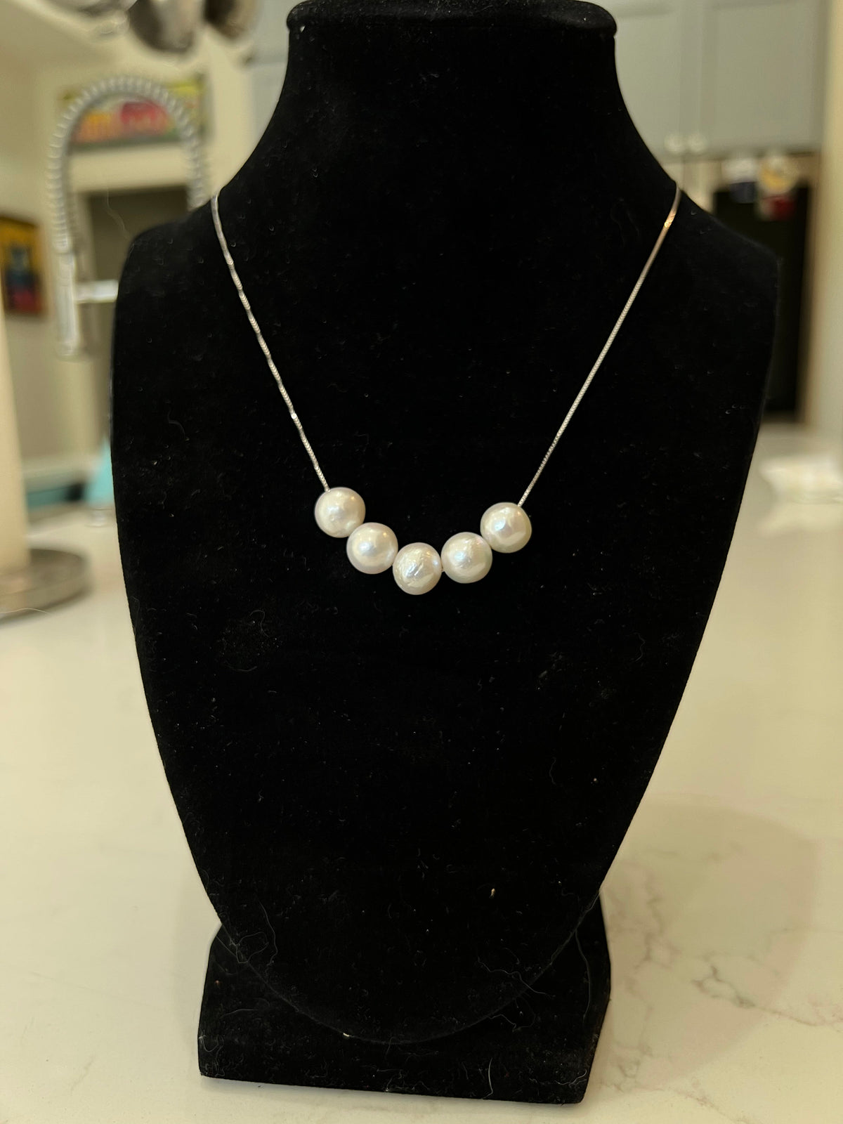 Five Floating White Pearls  on 17.5” Sterling Silver necklace
