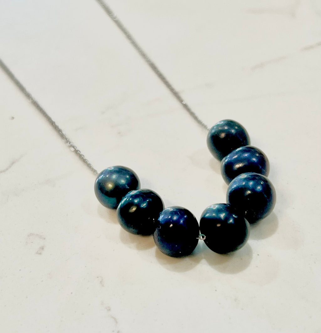 SIX Black Floating Pearls on 925 Sterling Silver Chain