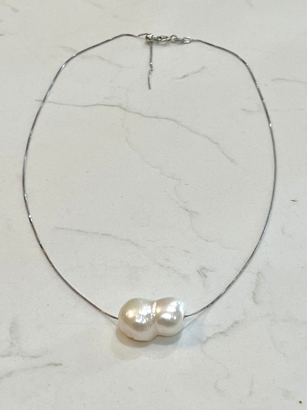 Giant White Floating RARE Double Pearl  on 17.5” Sterling Silver necklace