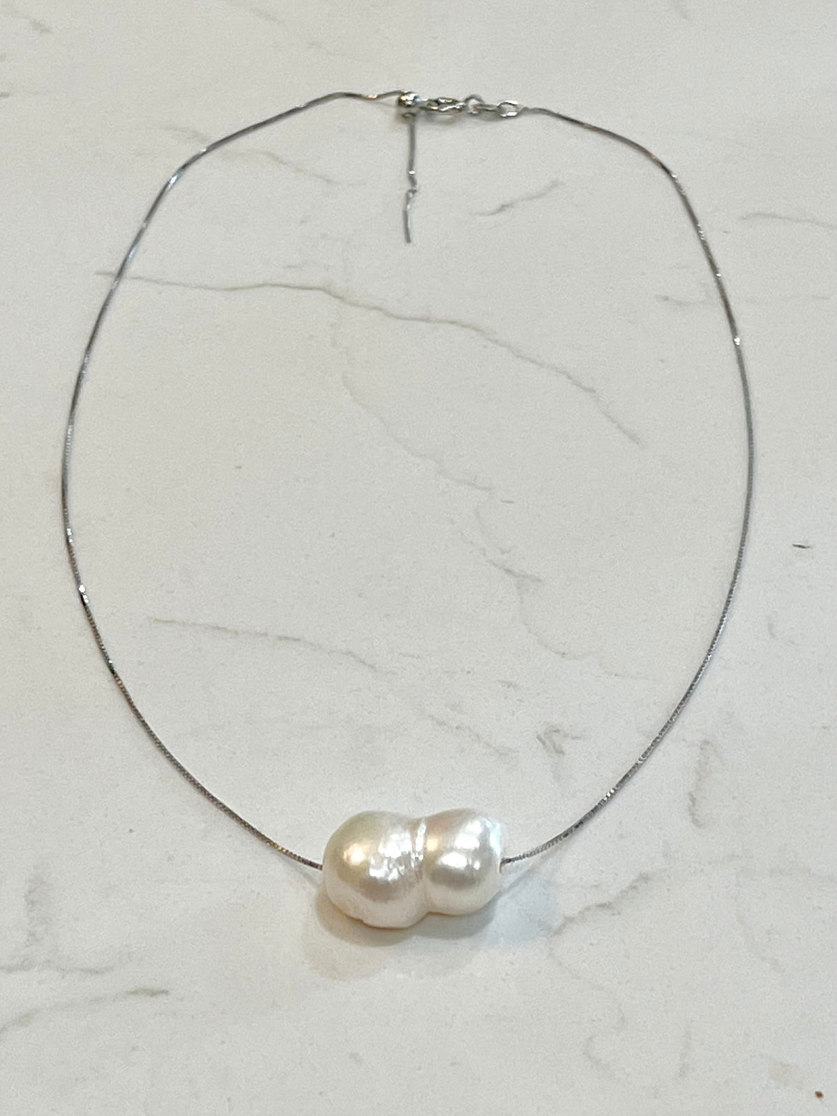 Giant White Floating RARE Double Pearl  on 17.5” Sterling Silver necklace