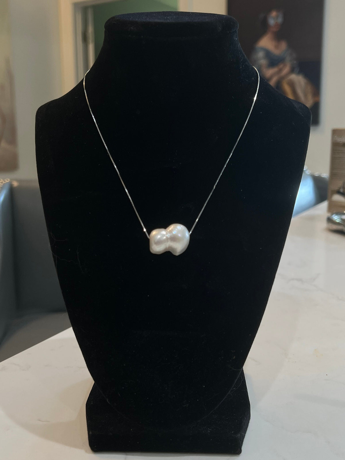 Giant White Floating RARE Double Pearl  on 17.5” Sterling Silver necklace
