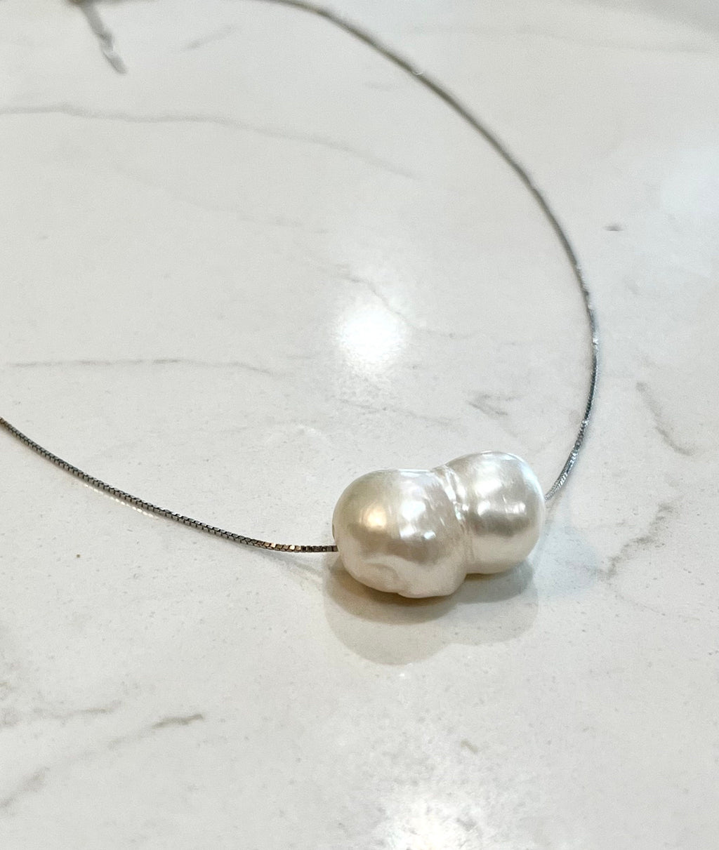 Giant White Floating RARE Double Pearl  on 17.5” Sterling Silver necklace