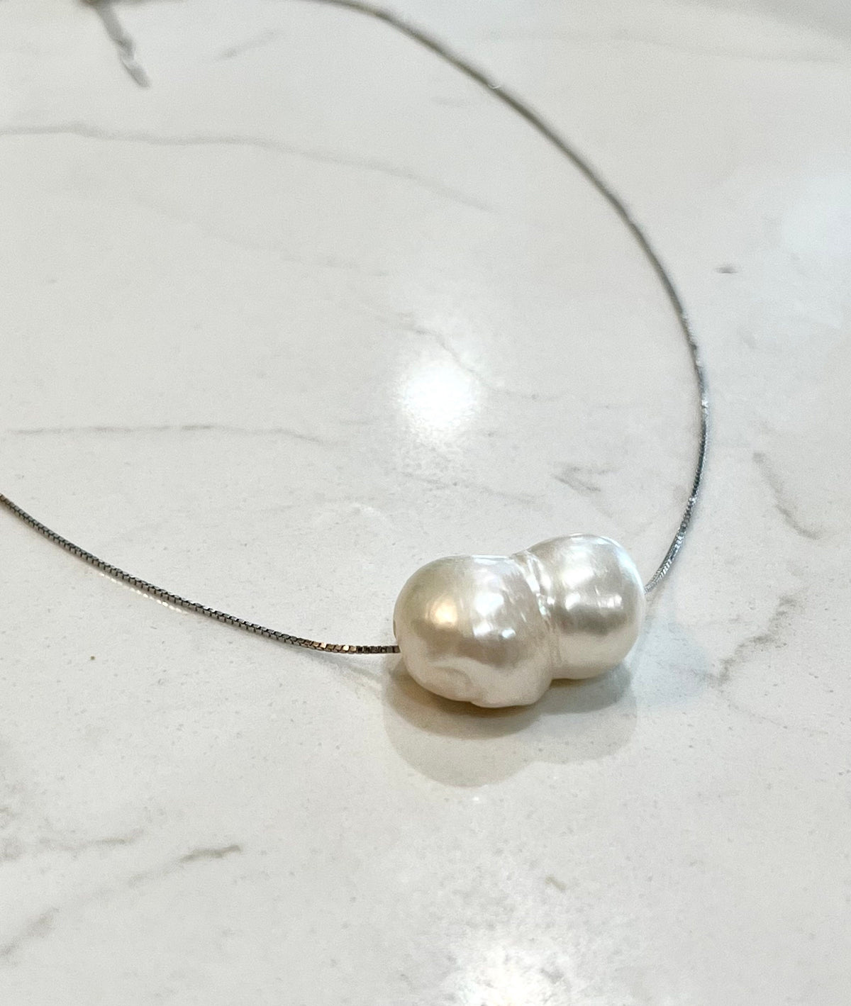 Giant White Floating RARE Double Pearl  on 17.5” Sterling Silver necklace