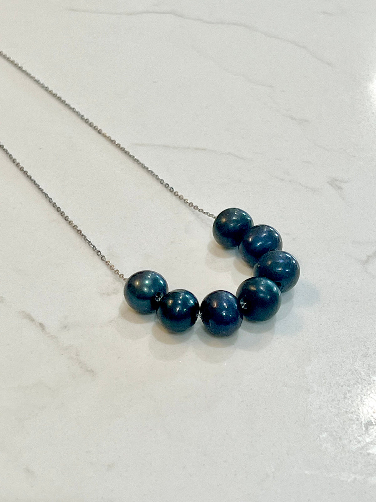 SIX Black Floating Pearls on 925 Sterling Silver Chain