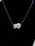 Giant White Floating RARE Double Pearl  on 17.5” Sterling Silver necklace