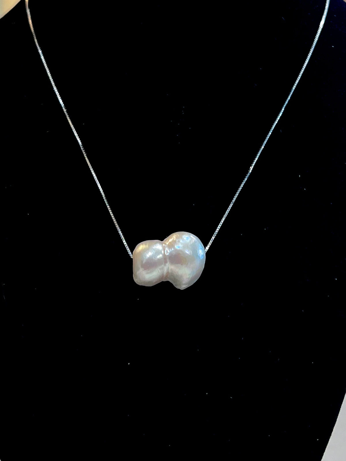 Giant White Floating RARE Double Pearl  on 17.5” Sterling Silver necklace
