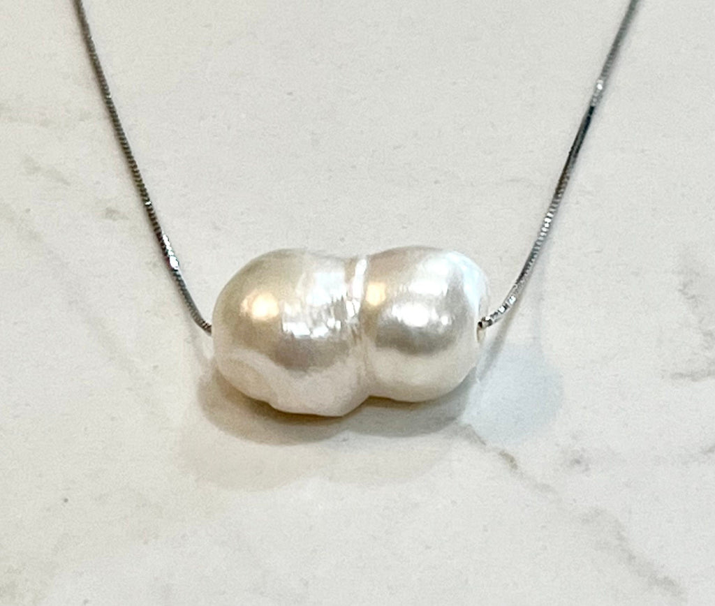 Giant White Floating RARE Double Pearl  on 17.5” Sterling Silver necklace