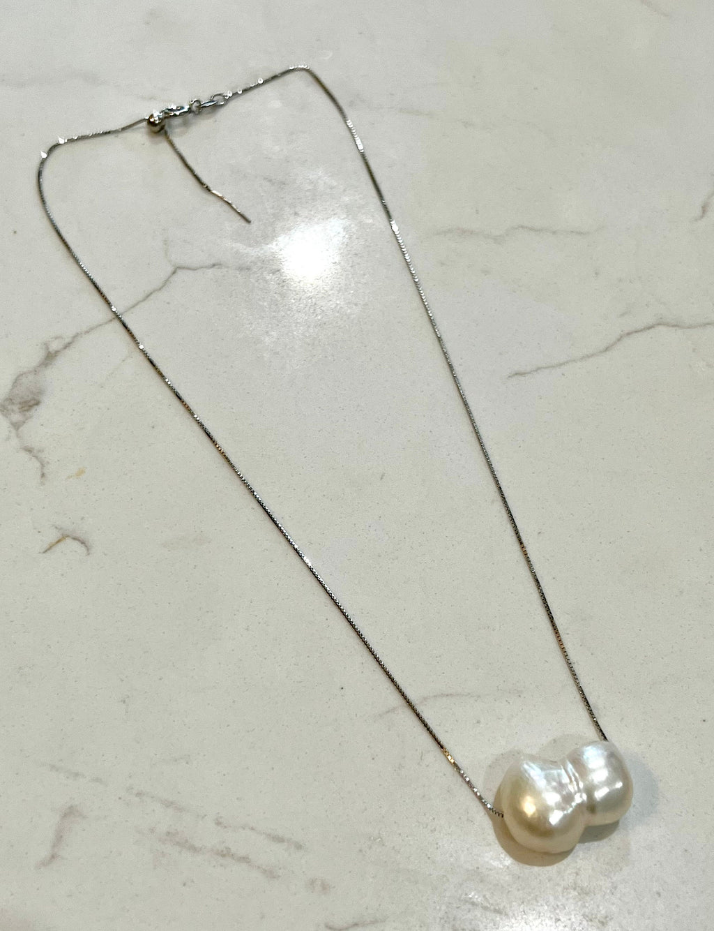 Giant White Floating RARE Double Pearl  on 17.5” Sterling Silver necklace