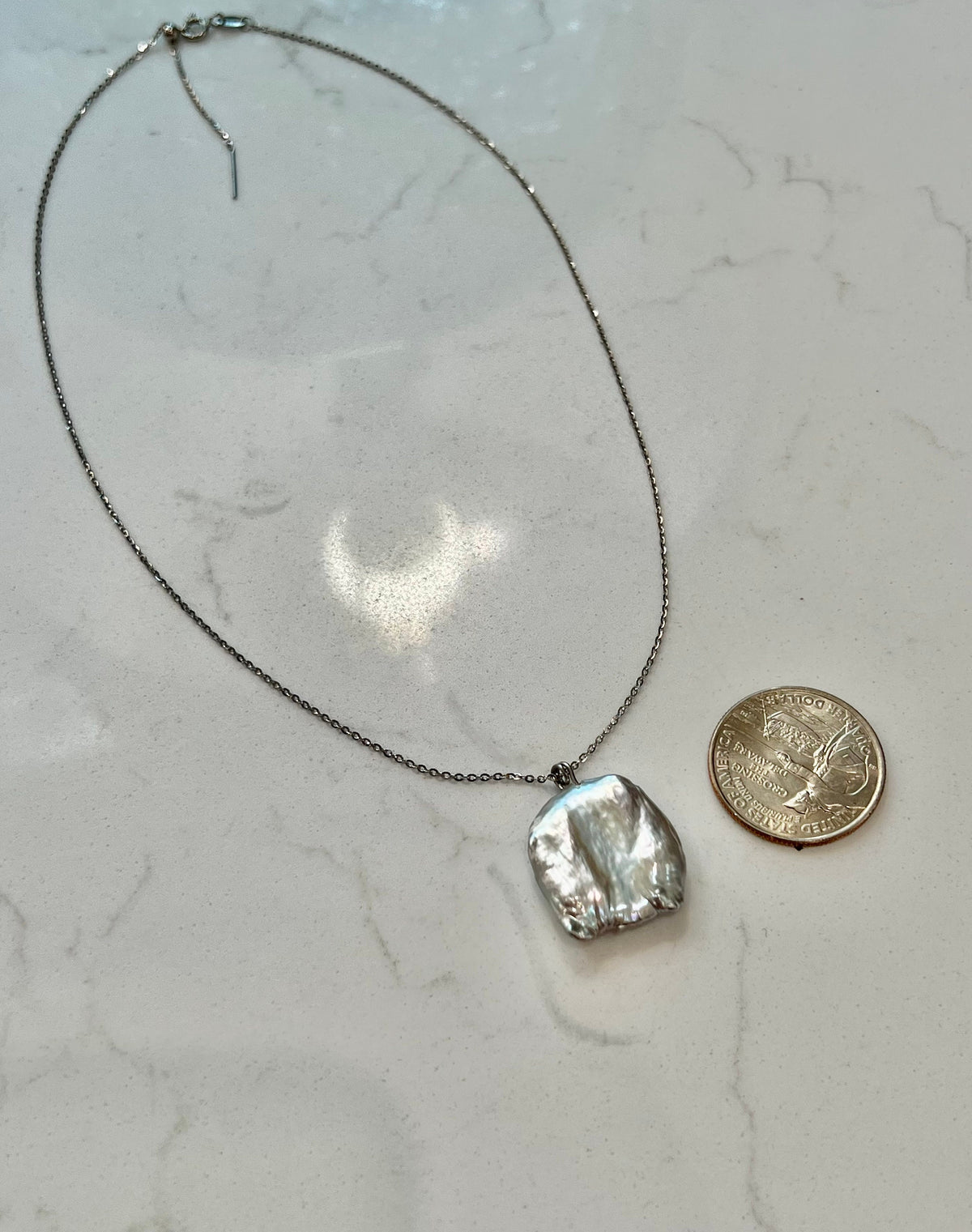 Silver Coin Pearl Necklace on Sterling Chain