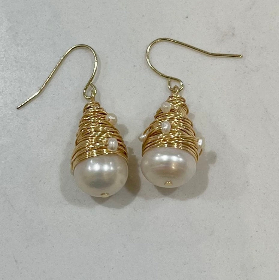 Gold Filled Wire Wrapped Freshwater Pearl Dangle Earrings