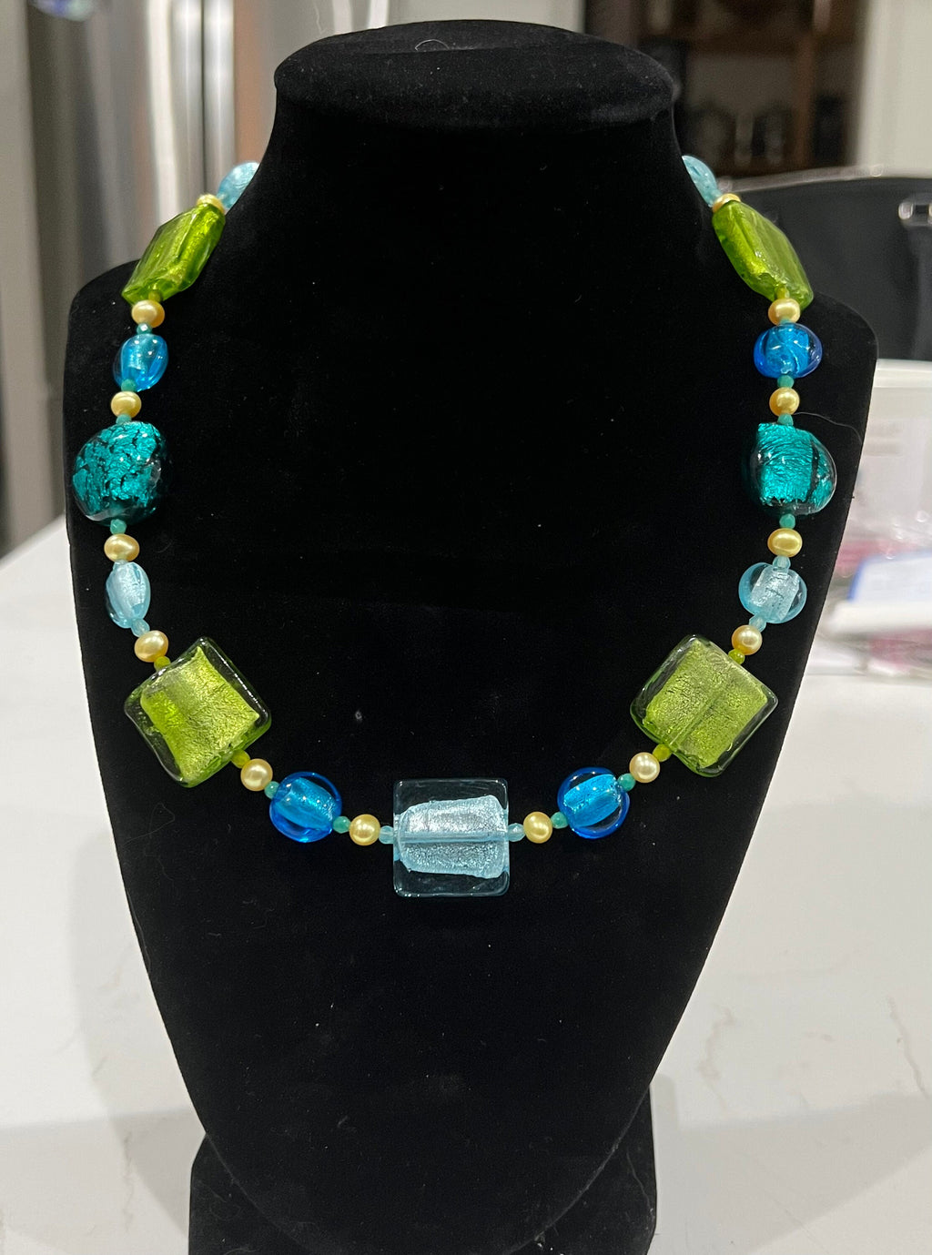 Lampwork Murano Glass Necklace: Aqua, Green, Pearl Statement Piece