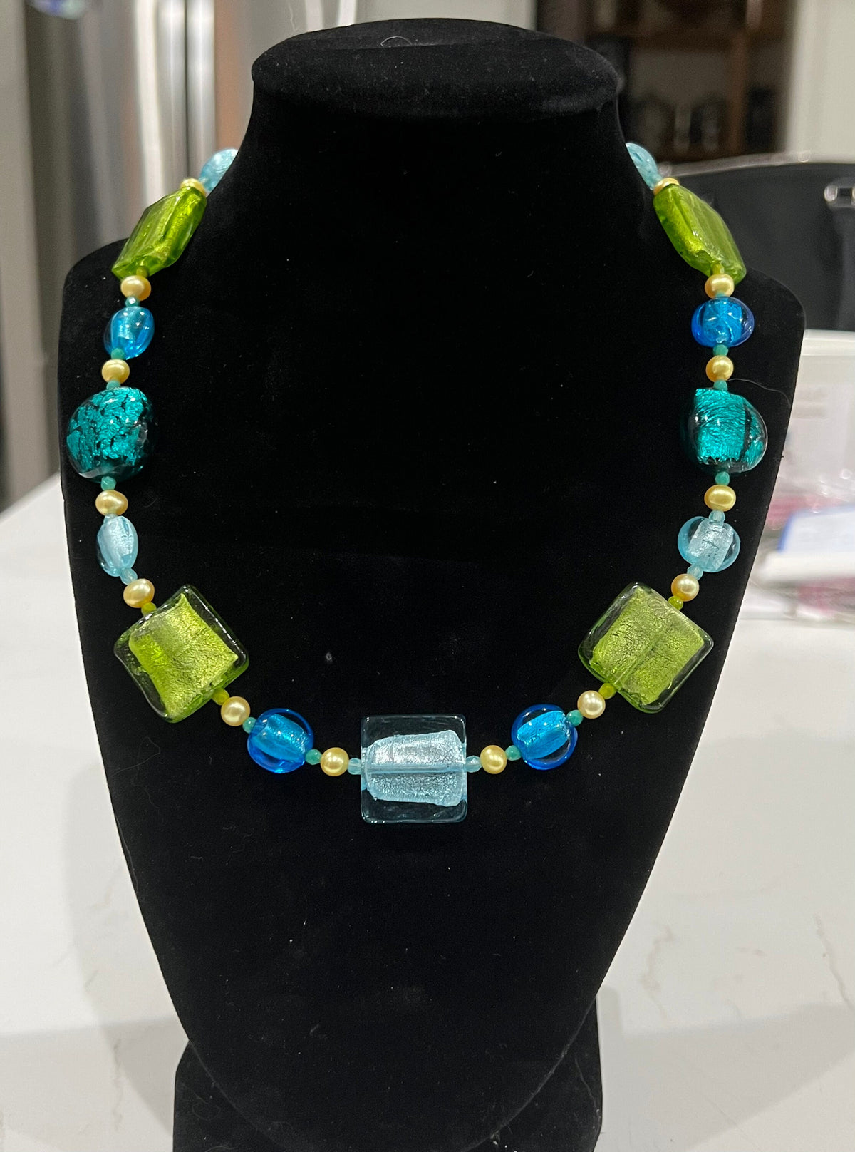 Lampwork Murano Glass Necklace: Aqua, Green, Pearl Statement Piece