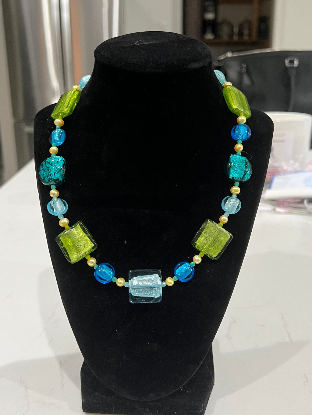Lampwork Murano Glass Necklace: Aqua, Green, Pearl Statement Piece
