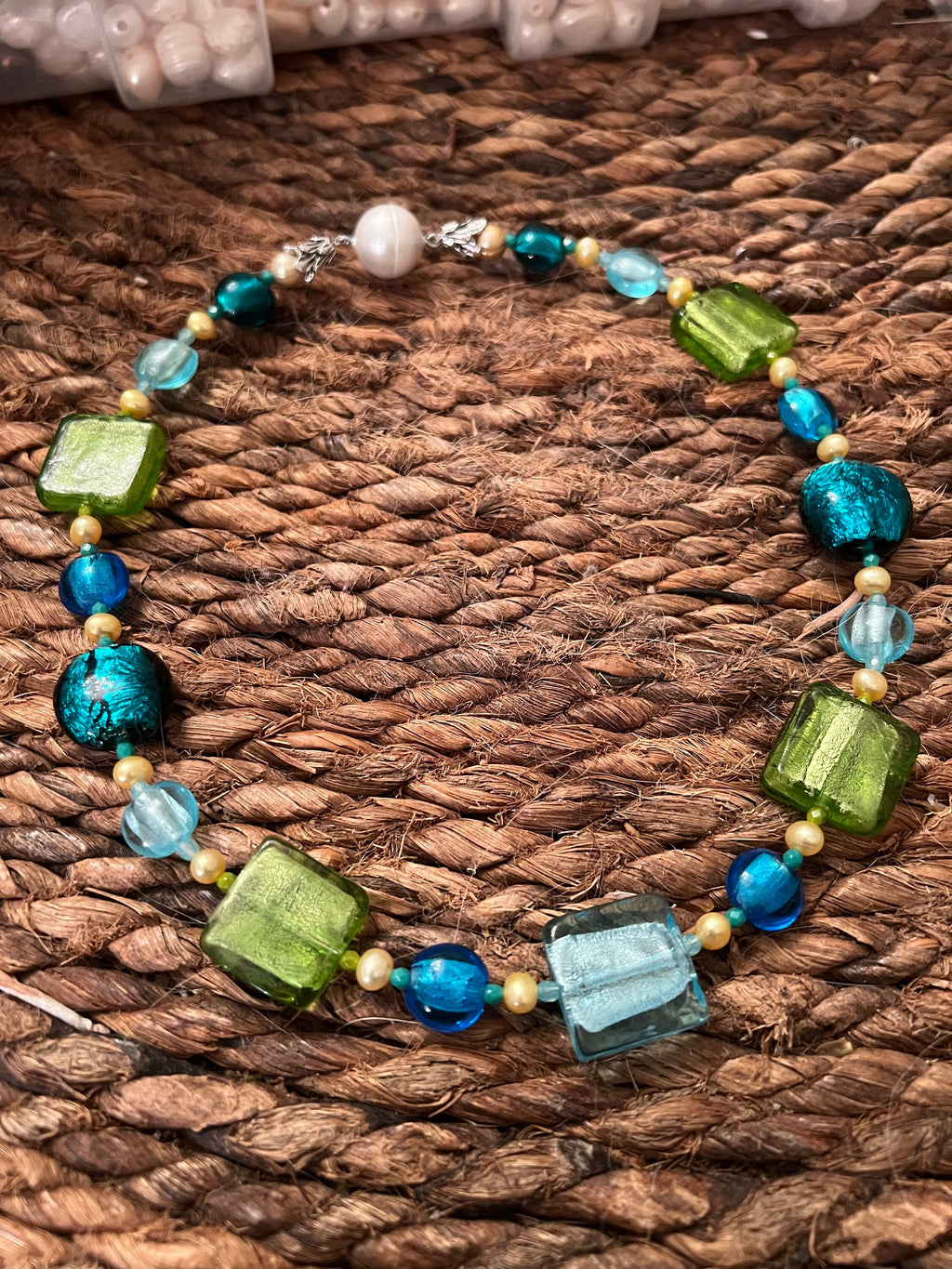 Lampwork Murano Glass Necklace: Aqua, Green, Pearl Statement Piece