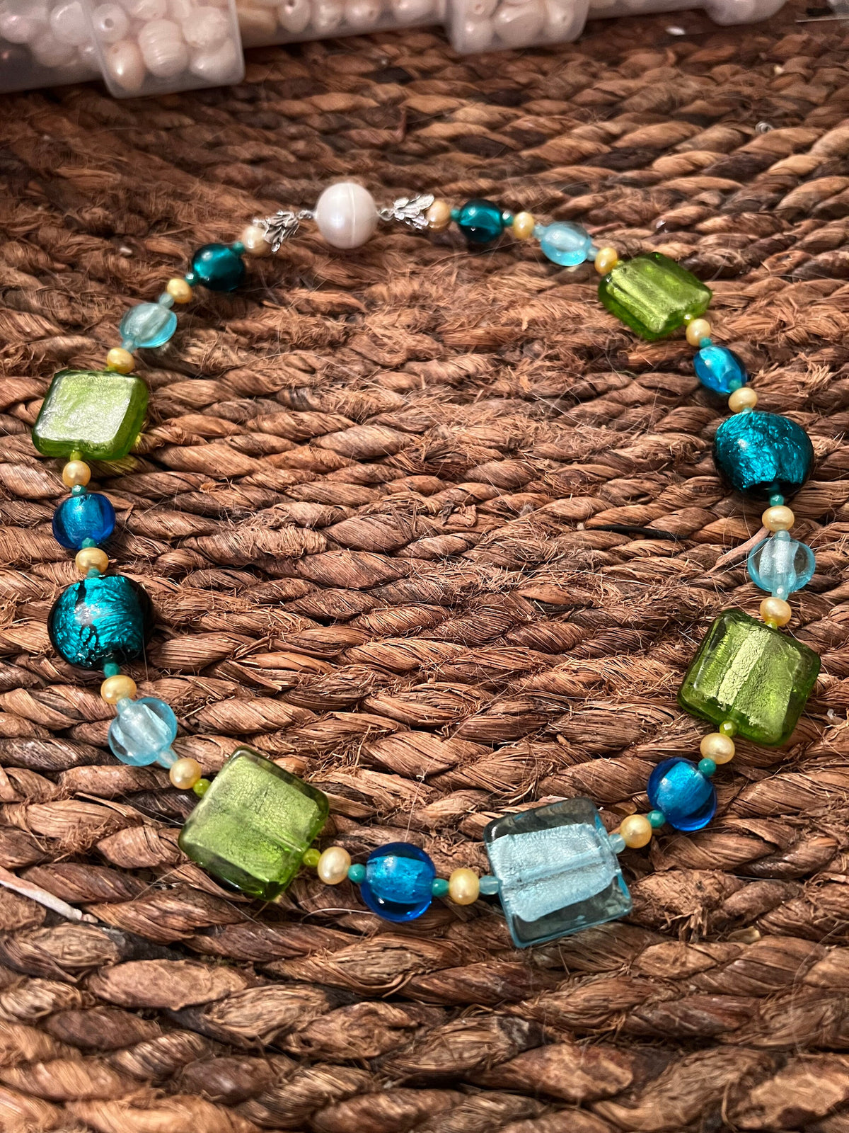 Lampwork Murano Glass Necklace: Aqua, Green, Pearl Statement Piece