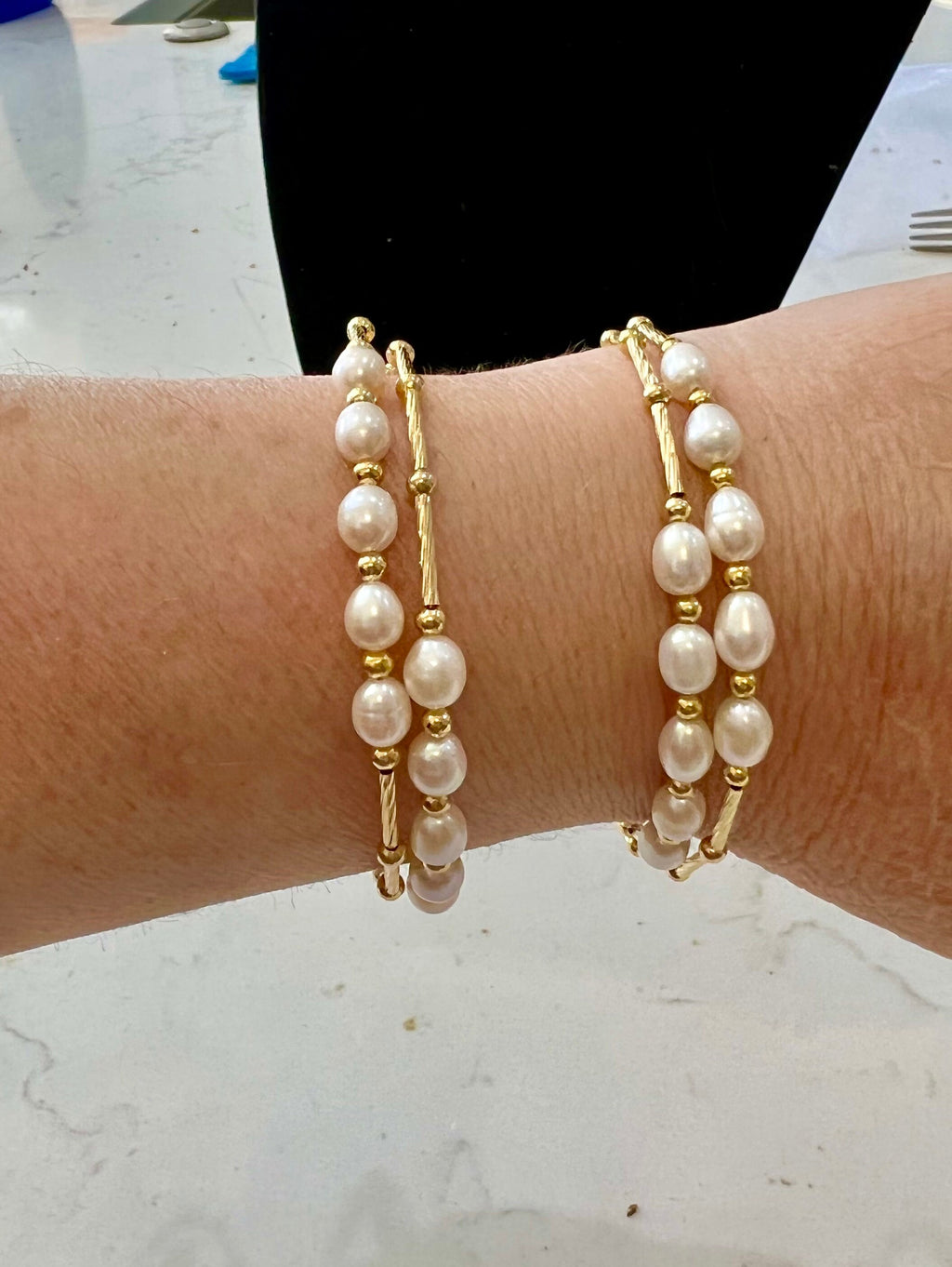 Freshwater Pearl Bangle Bracelet: 14k Gold Plated Slinky Style
