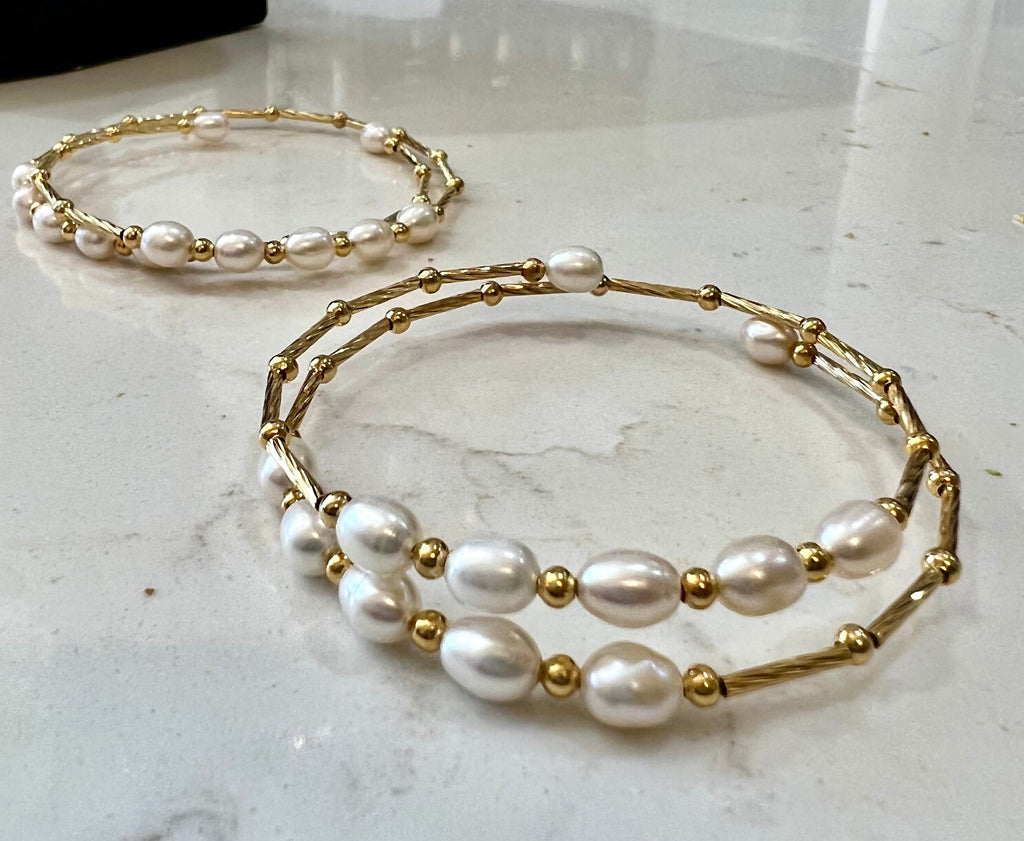 Freshwater Pearl Bangle Bracelet: 14k Gold Plated Slinky Style