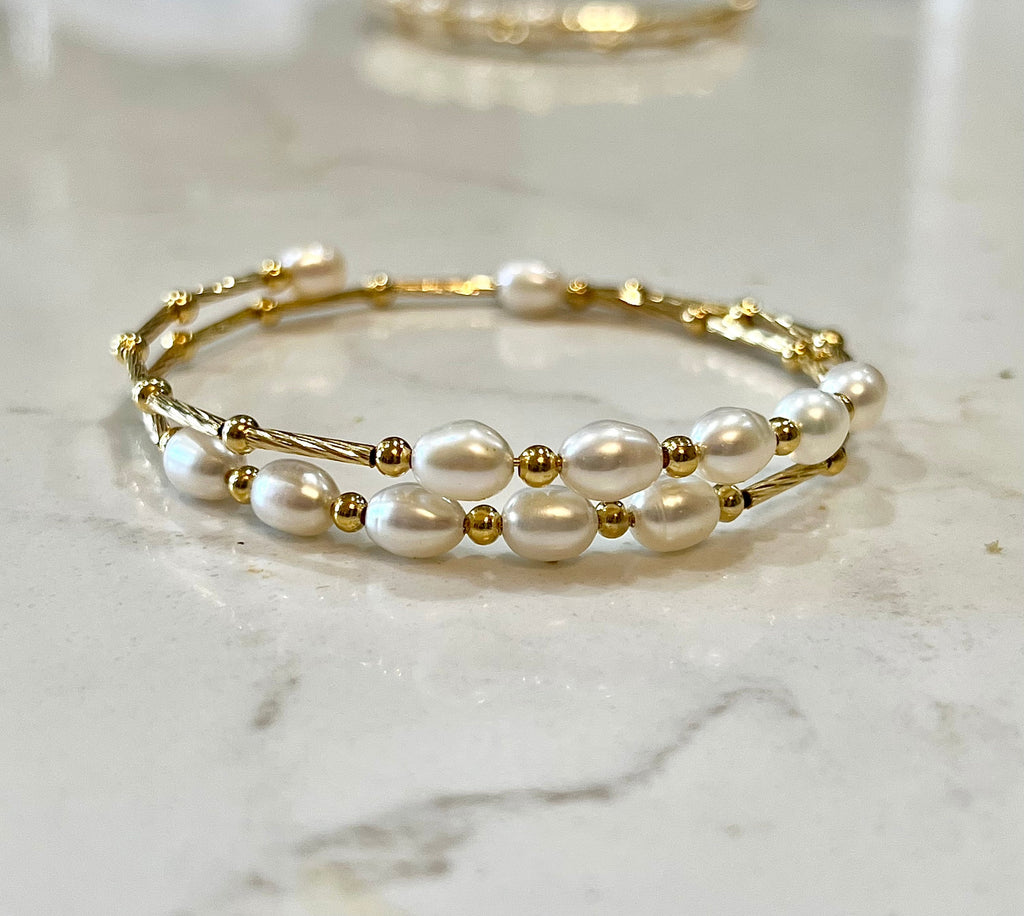 Freshwater Pearl Bangle Bracelet: 14k Gold Plated Slinky Style
