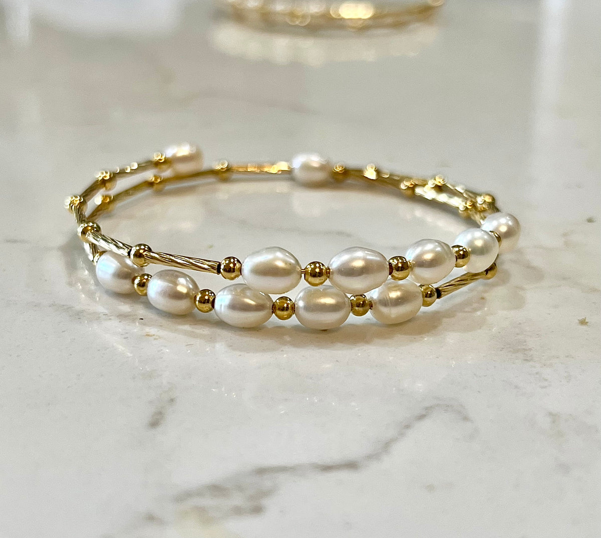 Freshwater Pearl Bangle Bracelet: 14k Gold Plated Slinky Style