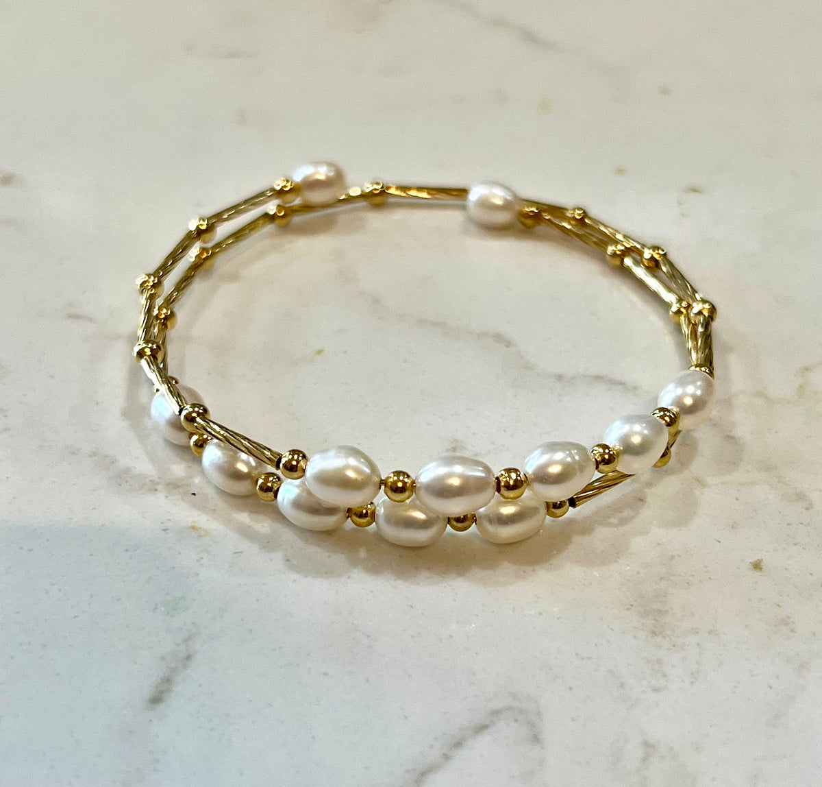 Freshwater Pearl Bangle Bracelet: 14k Gold Plated Slinky Style