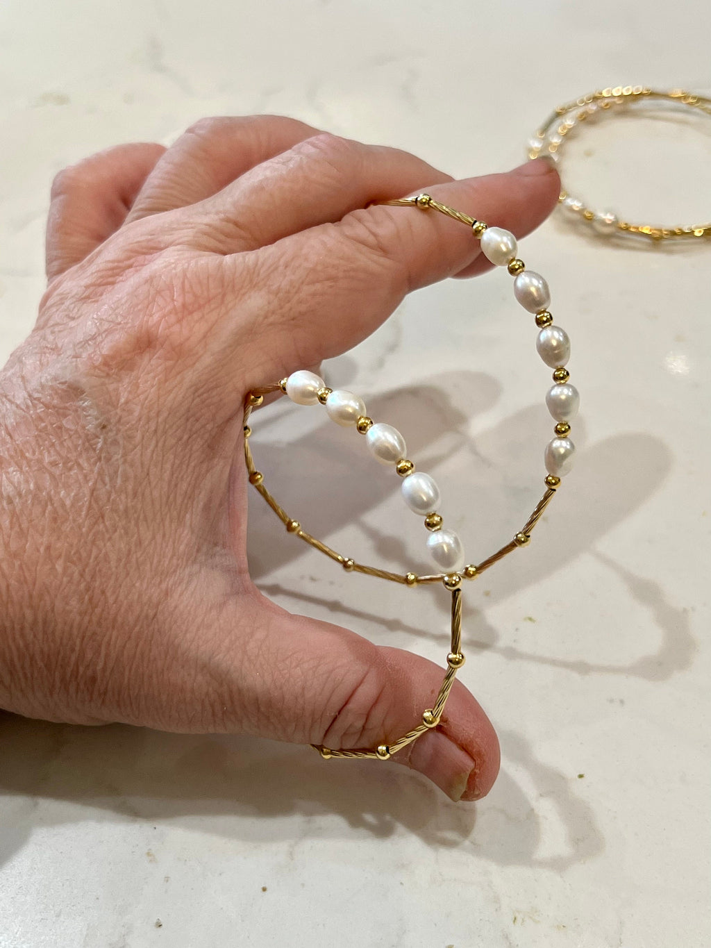 Freshwater Pearl Bangle Bracelet: 14k Gold Plated Slinky Style