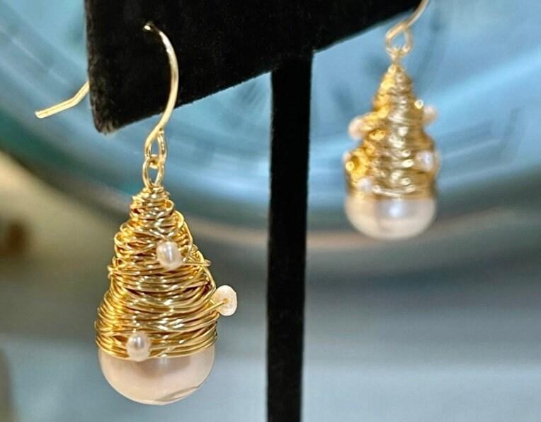 Gold Filled Wire Wrapped Freshwater Pearl Dangle Earrings