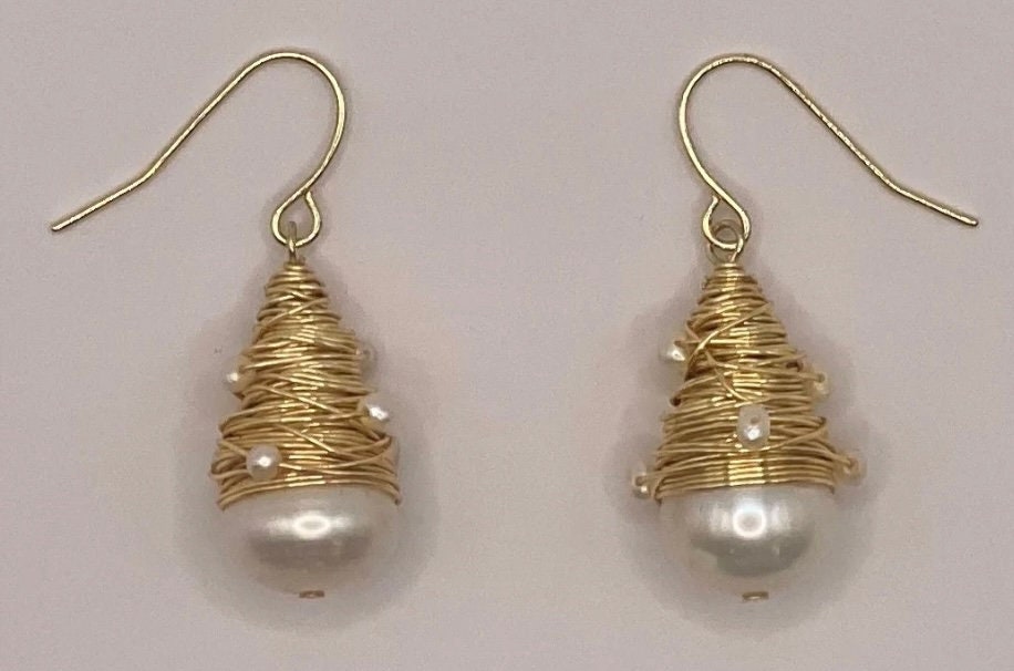 Gold Filled Wire Wrapped Freshwater Pearl Dangle Earrings
