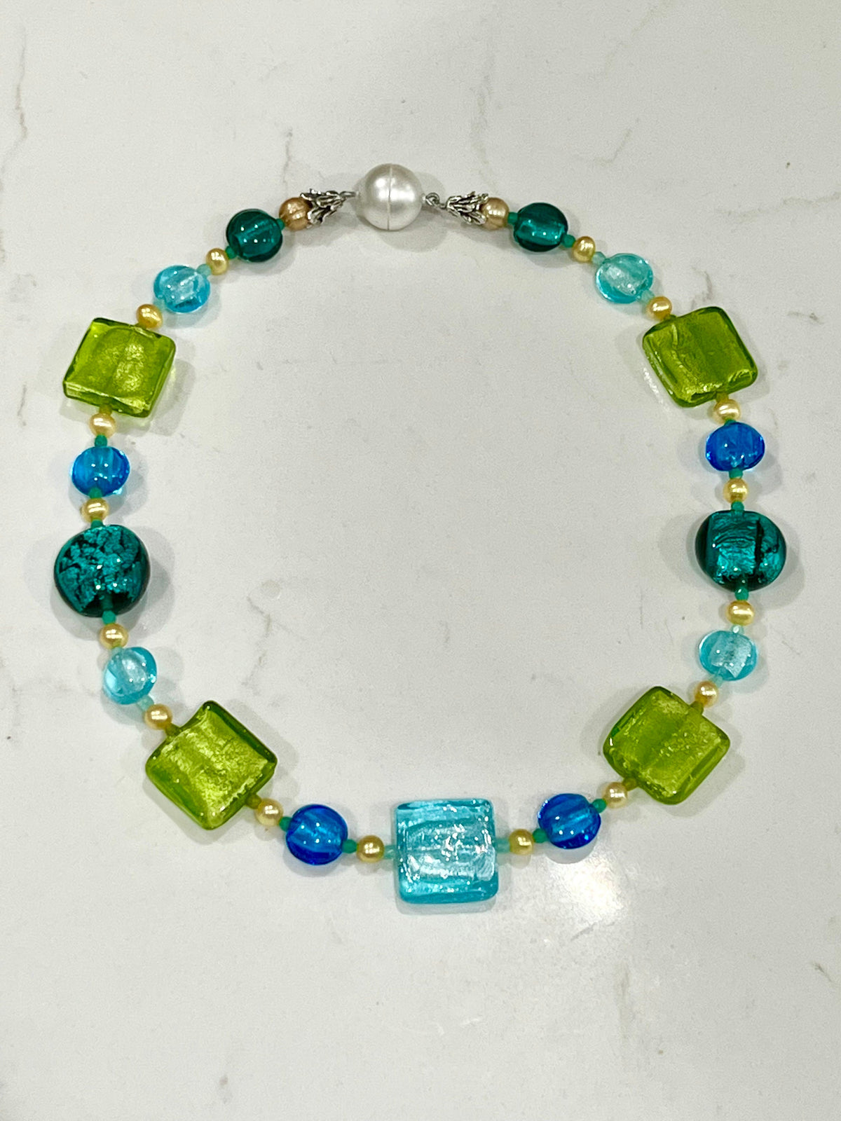 Lampwork Murano Glass Necklace: Aqua, Green, Pearl Statement Piece