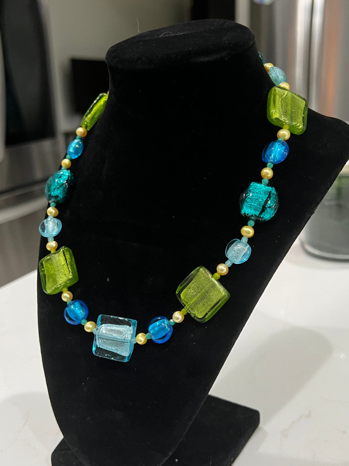 Lampwork Murano Glass Necklace: Aqua, Green, Pearl Statement Piece