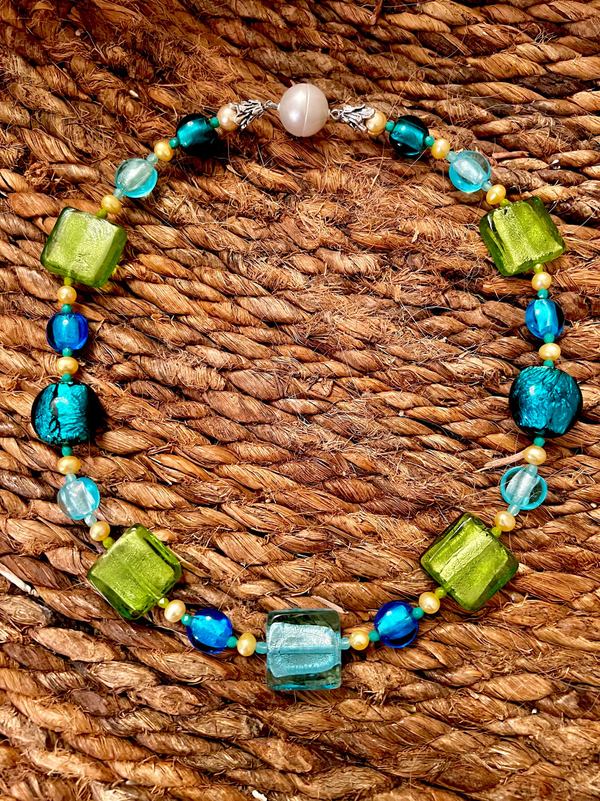 Lampwork Murano Glass Necklace: Aqua, Green, Pearl Statement Piece