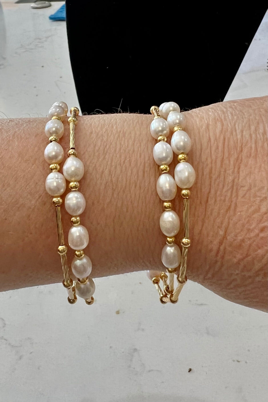 Freshwater Pearl Bangle Bracelet: 14k Gold Plated Slinky Style