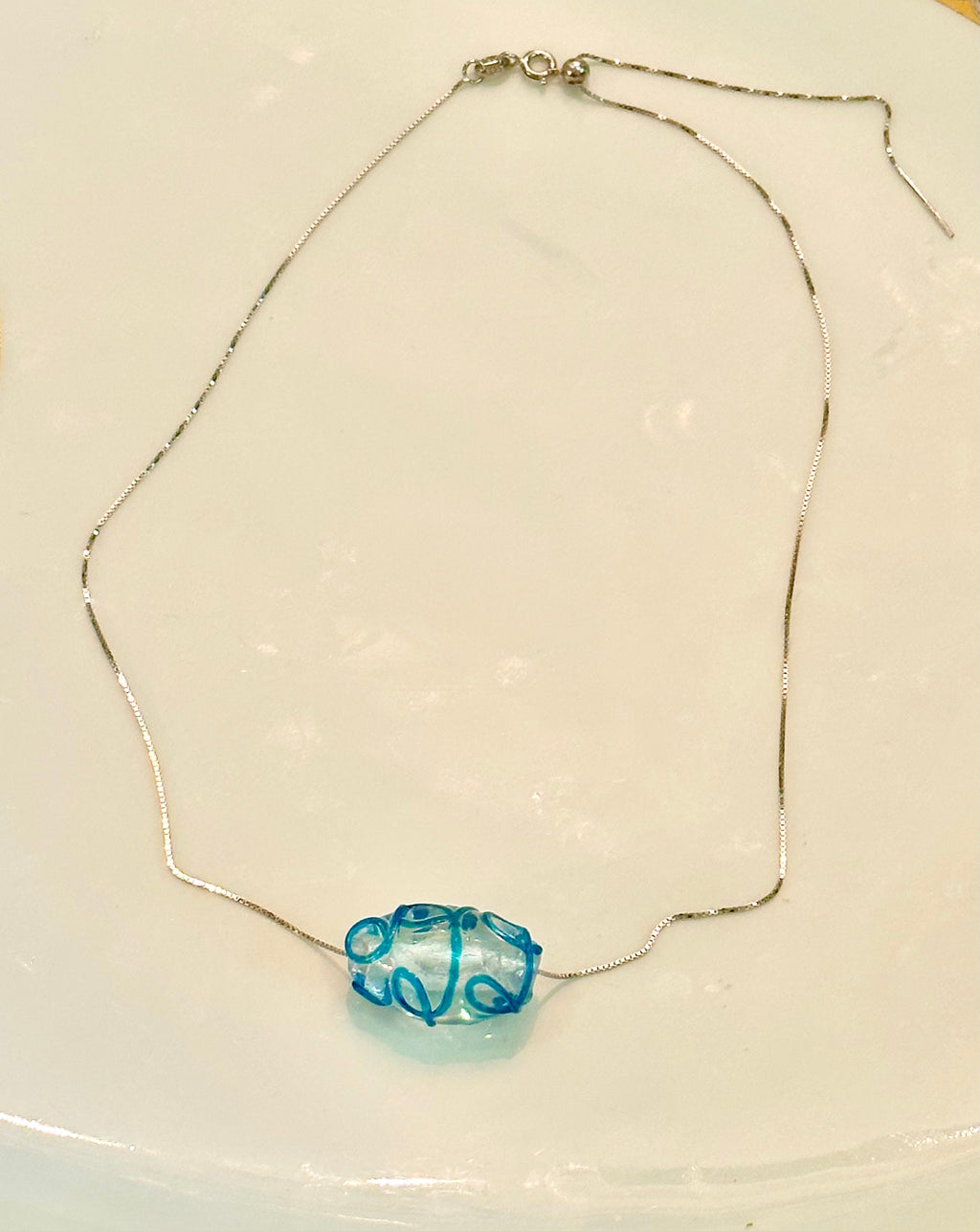 Hand-Blown Oval Clear and Ocean Blue Glass on Sterling Silver Chain