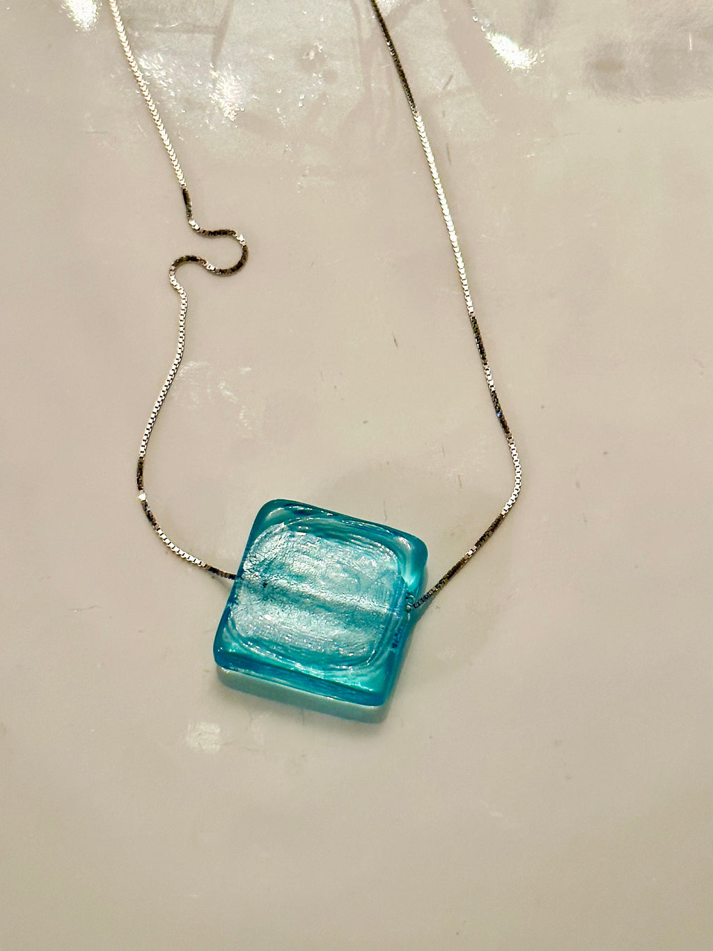 Handmade Murano Glass Pendant: Aqua Sterling Silver Adjustable Chain