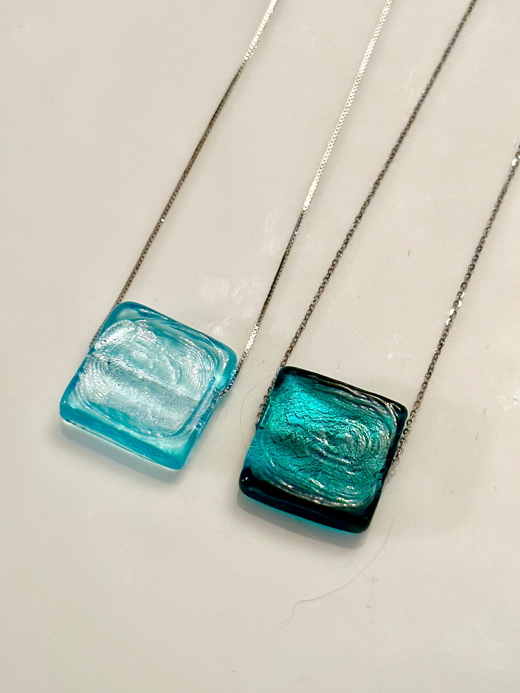 Handmade Murano Glass Pendant: Aqua Sterling Silver Adjustable Chain