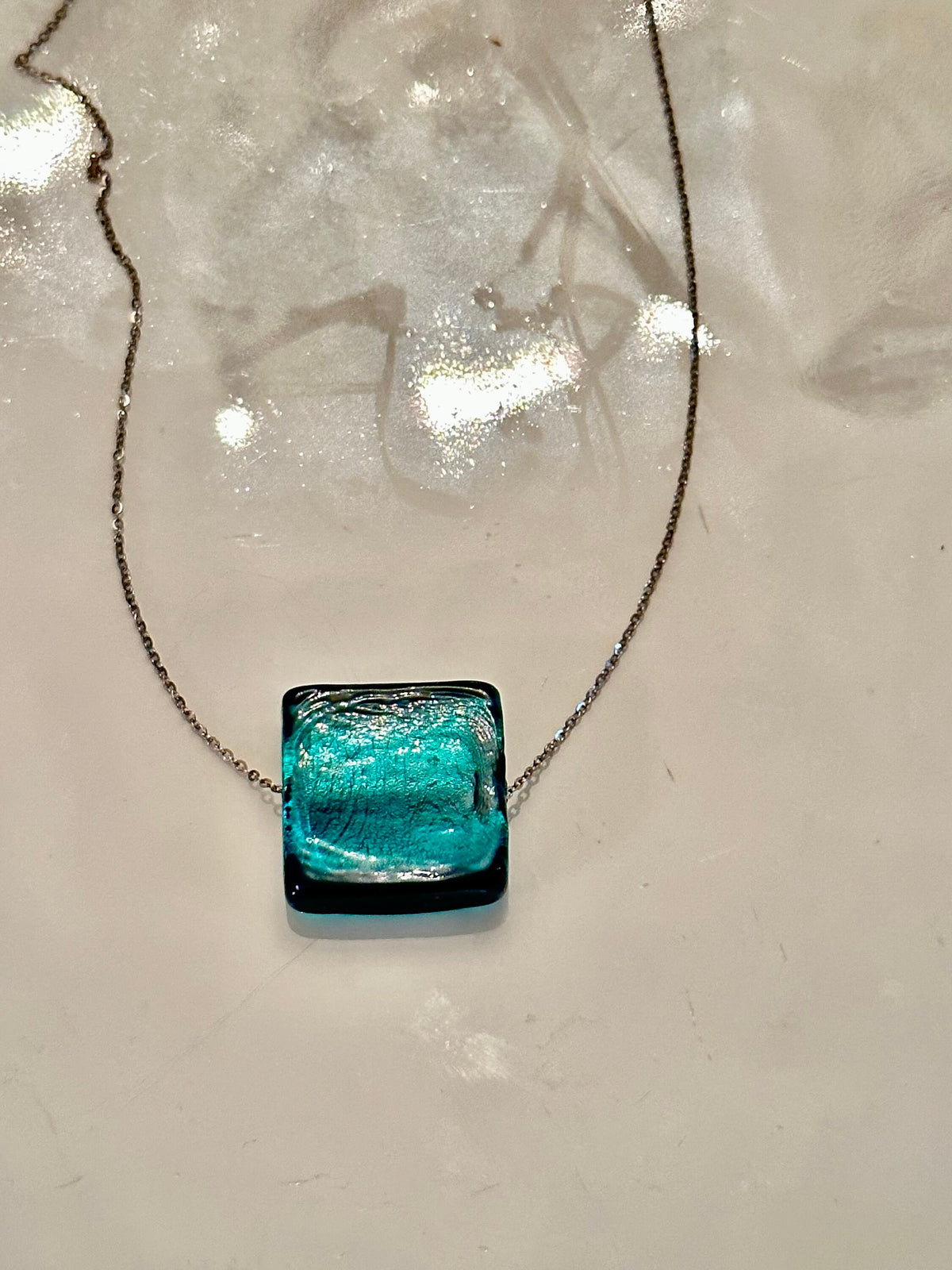 Handmade Murano Glass Pendant: Aqua Sterling Silver Adjustable Chain