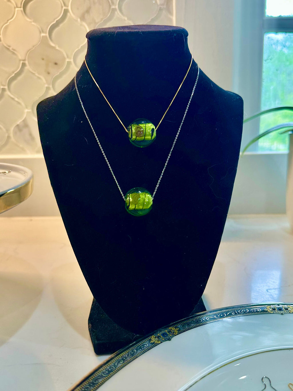 Handmade Army Green With Handwork Detail Murano Glass on Sterling Chain