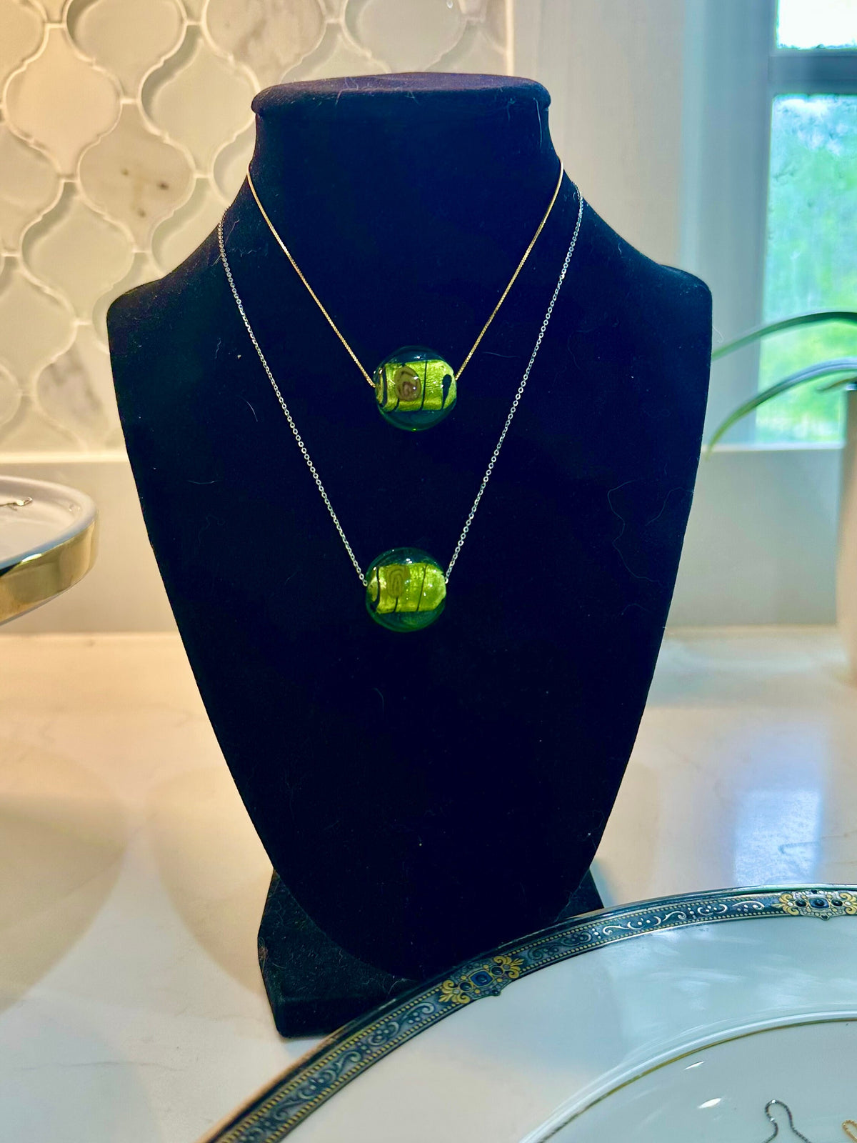 Handmade Army Green With Handwork Detail Murano Glass on Sterling Chain