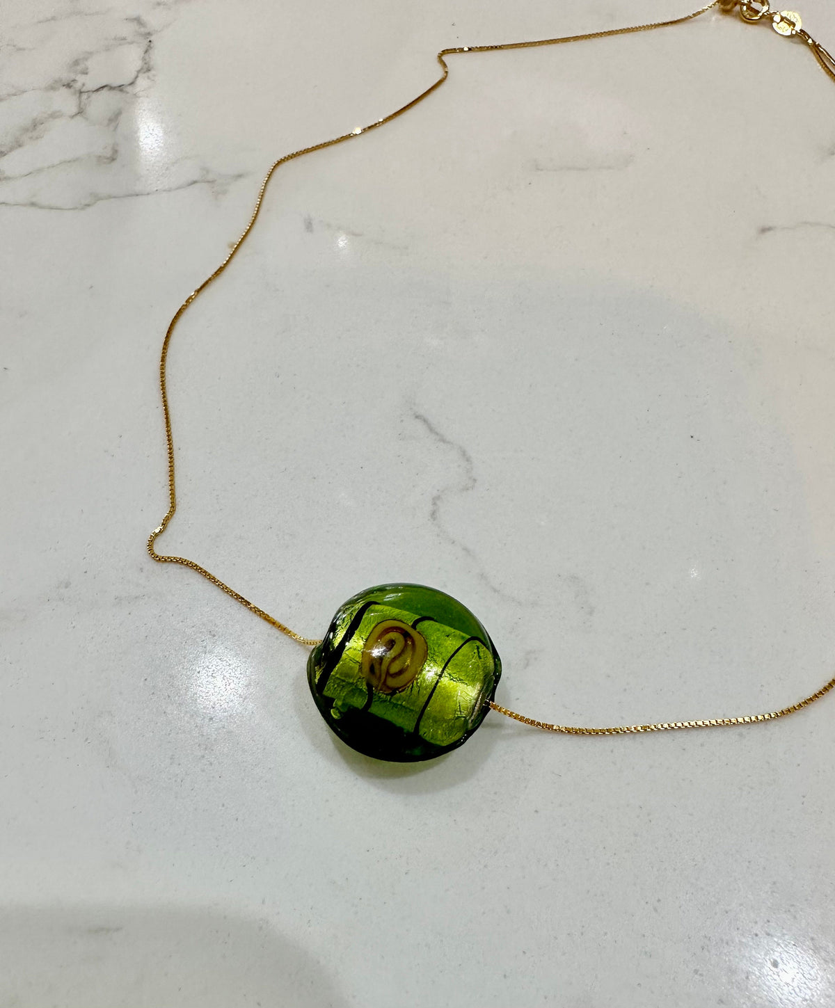 Handmade Army Green With Handwork Detail Murano Glass on Sterling Chain