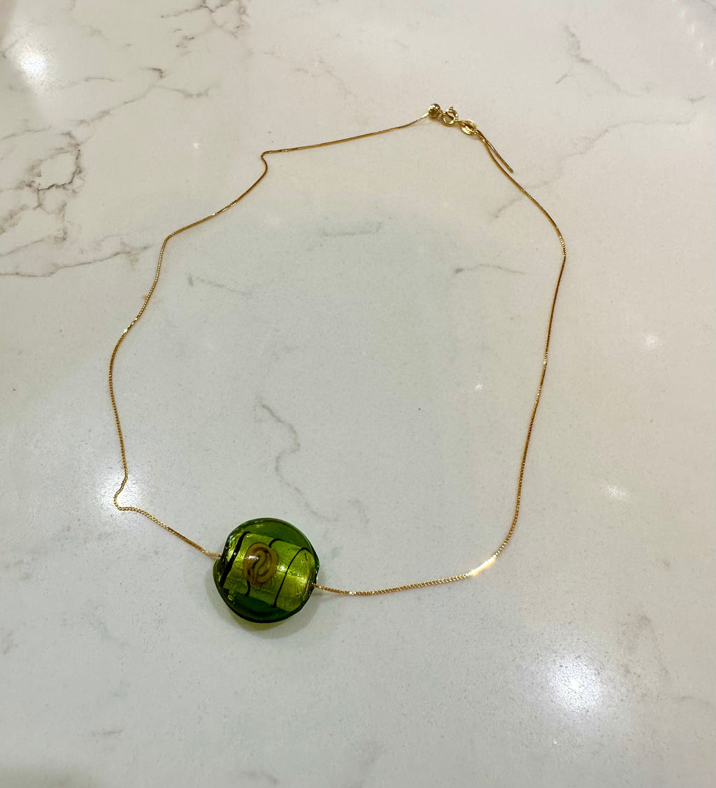 Handmade Army Green With Handwork Detail Murano Glass on Sterling Chain