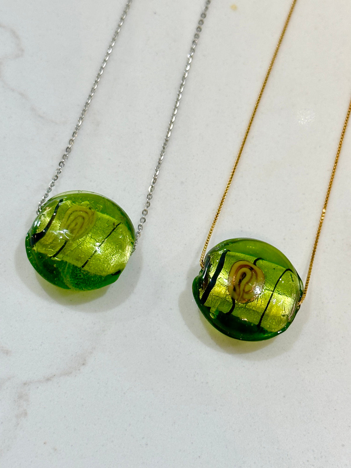 Handmade Army Green With Handwork Detail Murano Glass on Sterling Chain