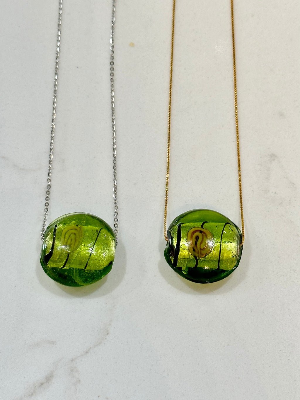 Handmade Army Green With Handwork Detail Murano Glass on Sterling Chain