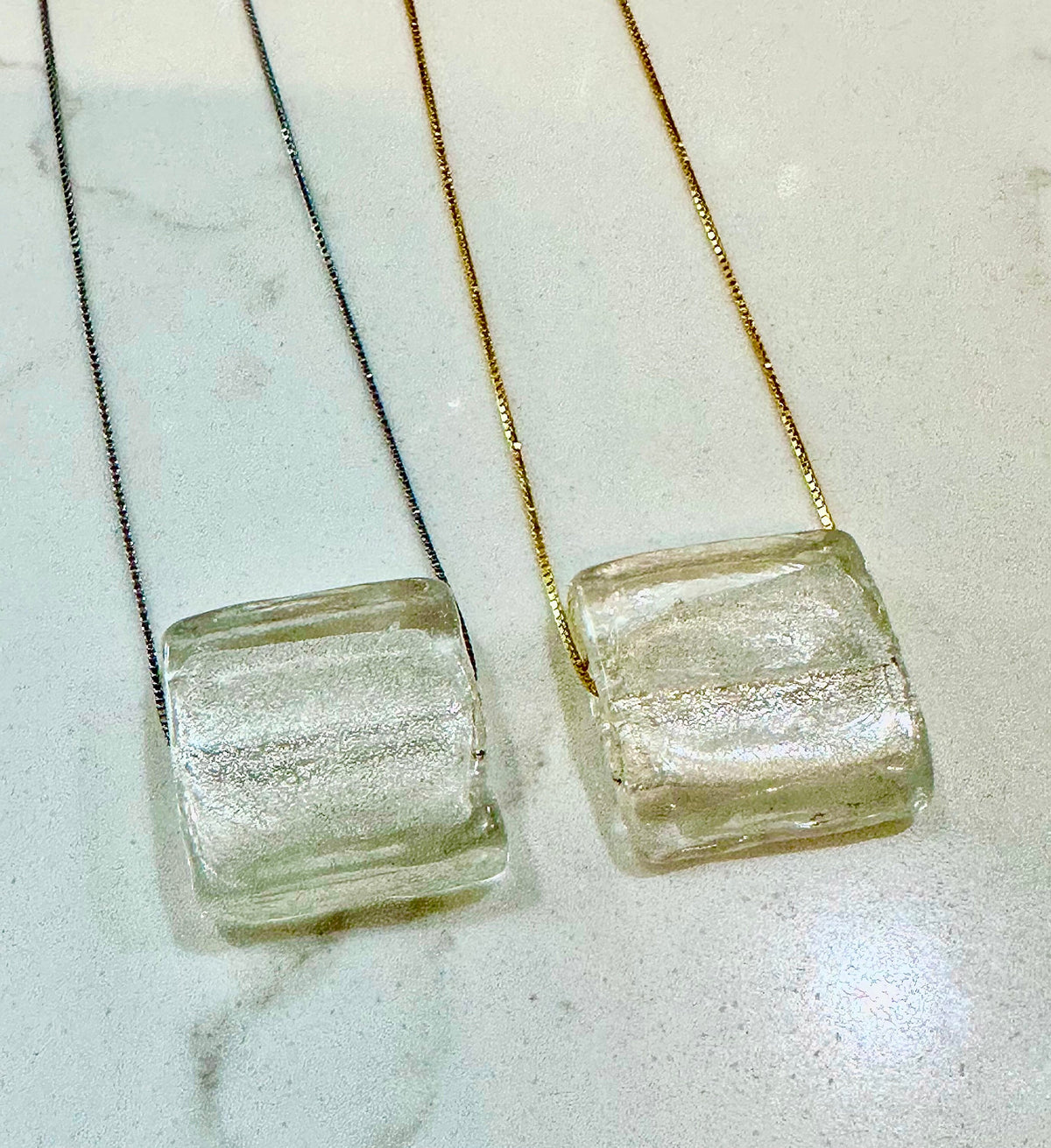Clear Silver Handmade Murano Glass Pendant Strung on 925 Sterling Adjustable Chain