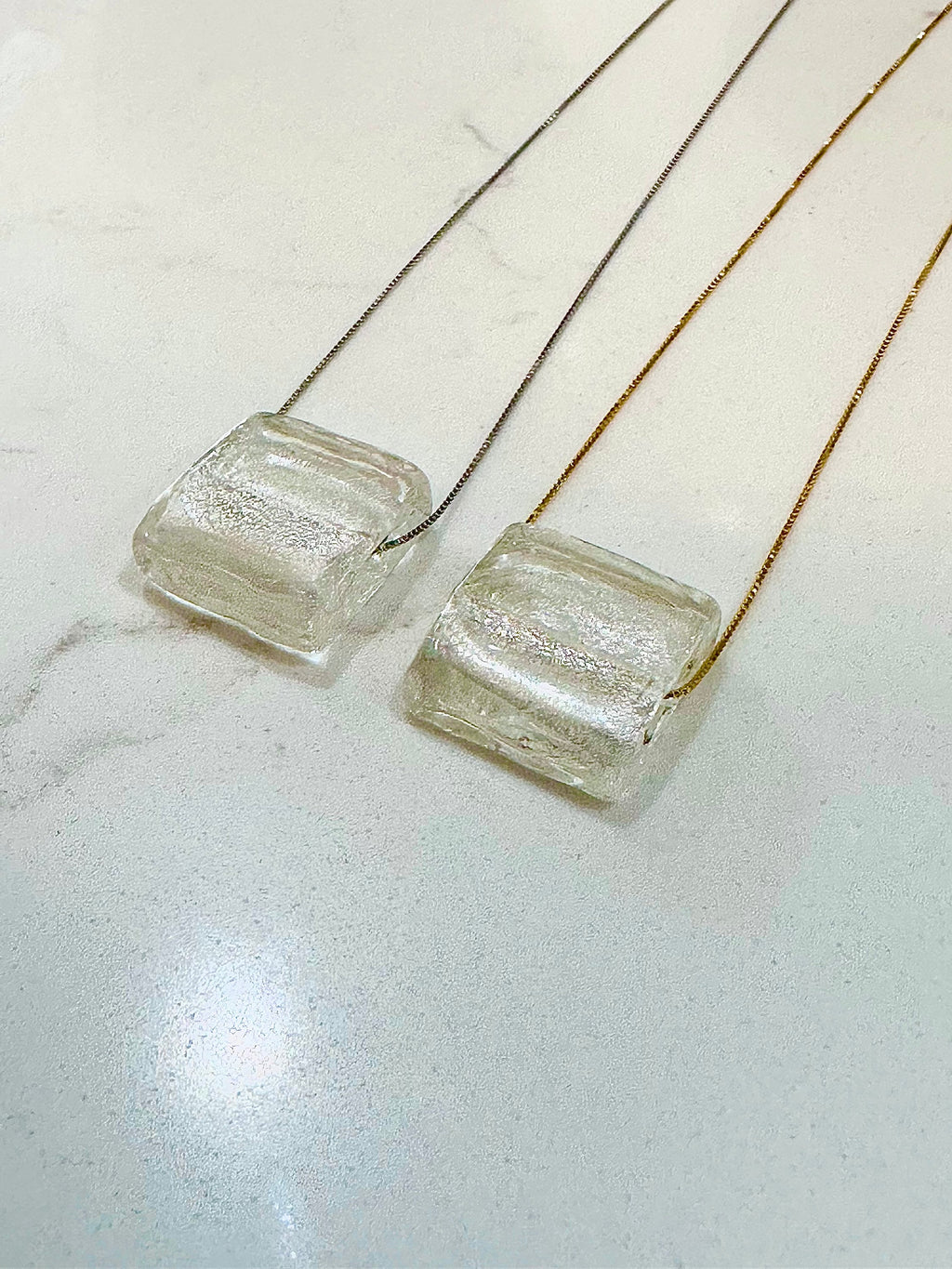 Clear Silver Handmade Murano Glass Pendant Strung on 925 Sterling Adjustable Chain