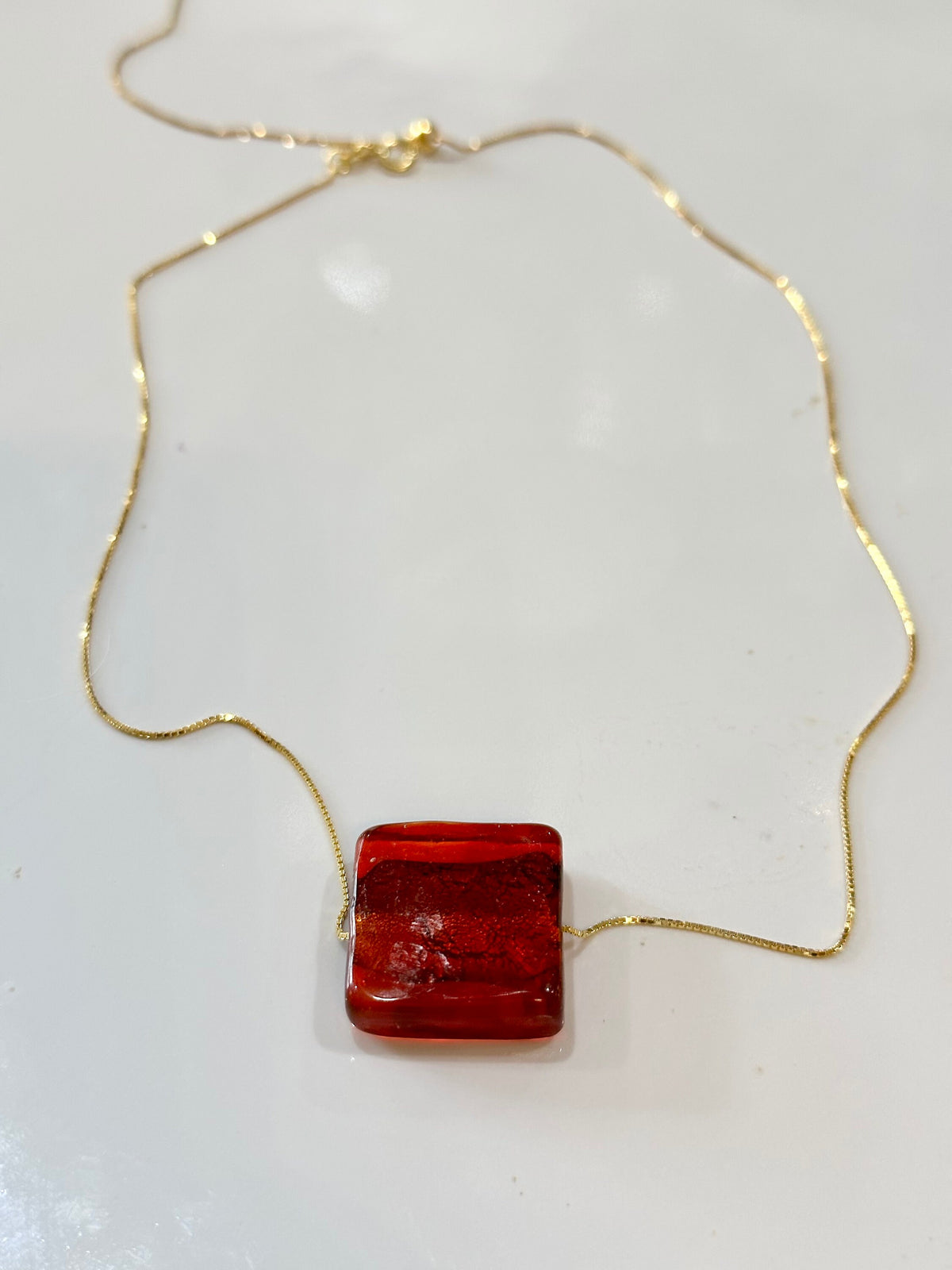 Iridescent Red Handmade Murano Glass pendant strung on 925 Sterling Adjustable Chain
