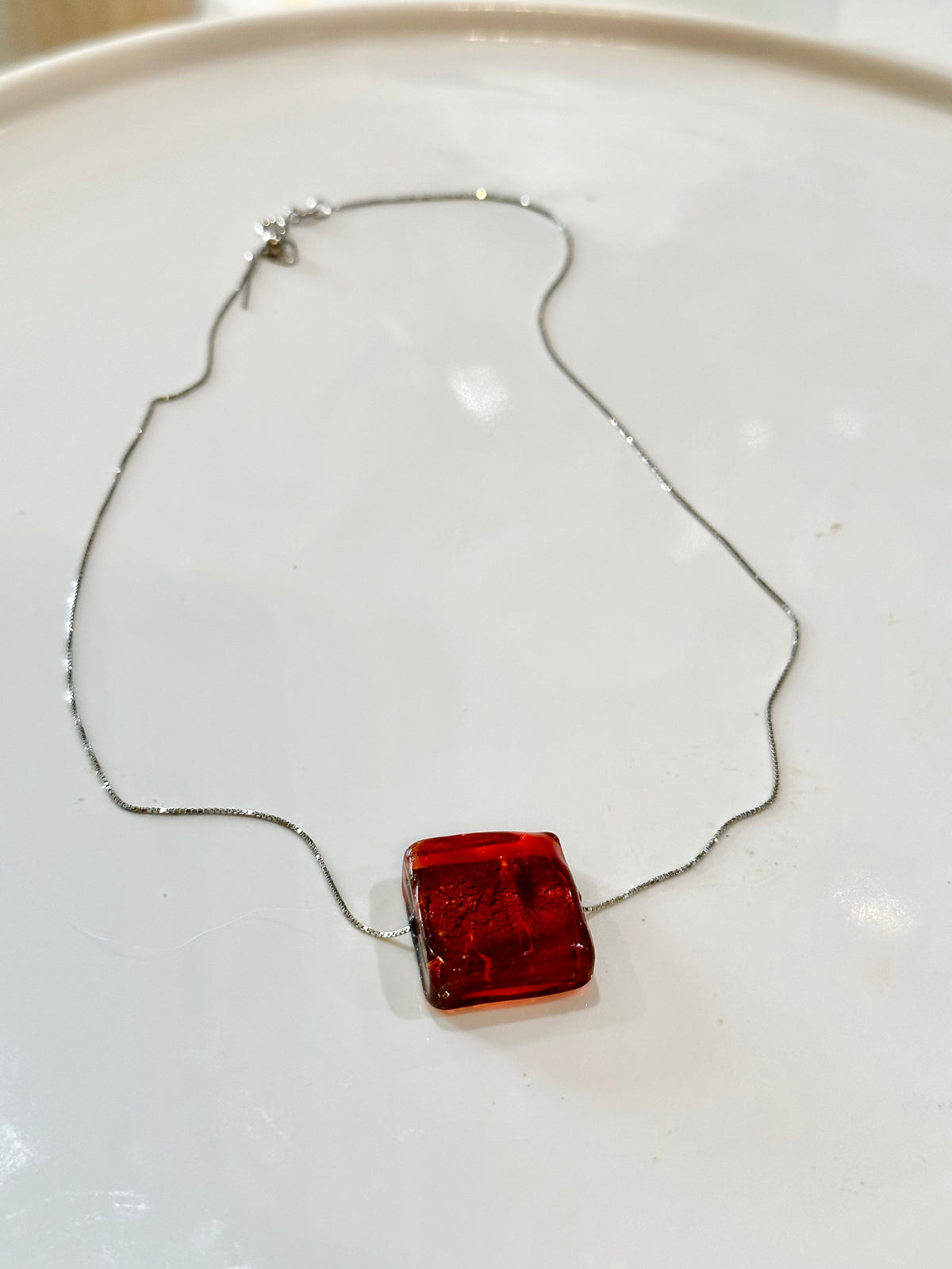 Iridescent Red Handmade Murano Glass pendant strung on 925 Sterling Adjustable Chain