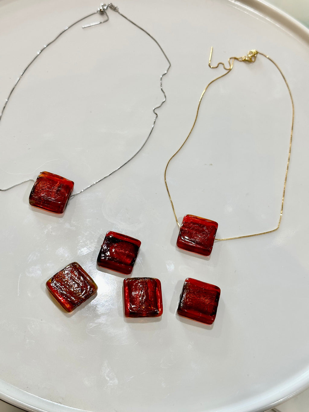 Iridescent Red Handmade Murano Glass pendant strung on 925 Sterling Adjustable Chain