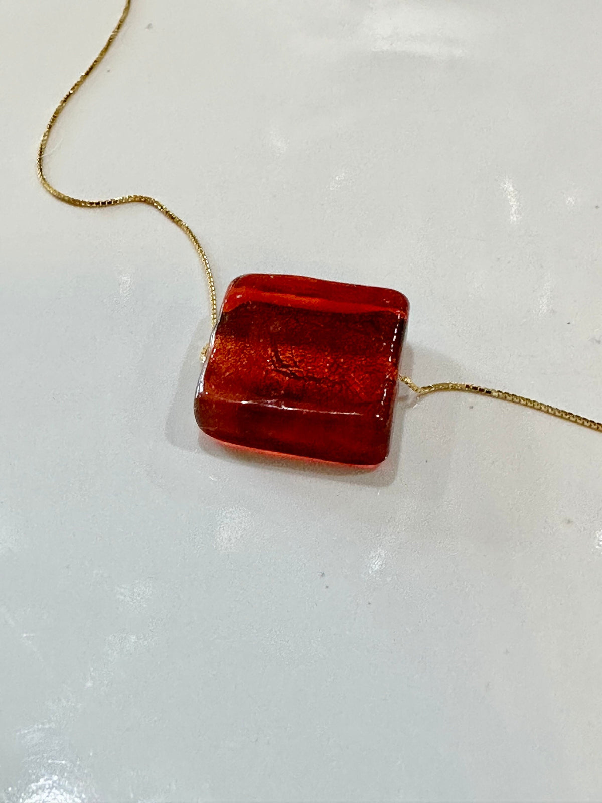 Iridescent Red Handmade Murano Glass pendant strung on 925 Sterling Adjustable Chain