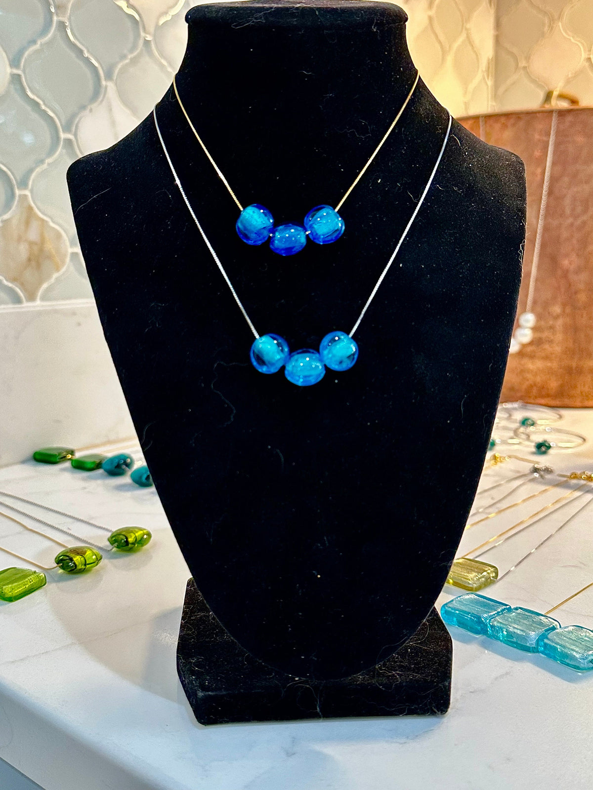 Murano Glass Multibeaded Necklace: Sterling Silver, Adjustable Length