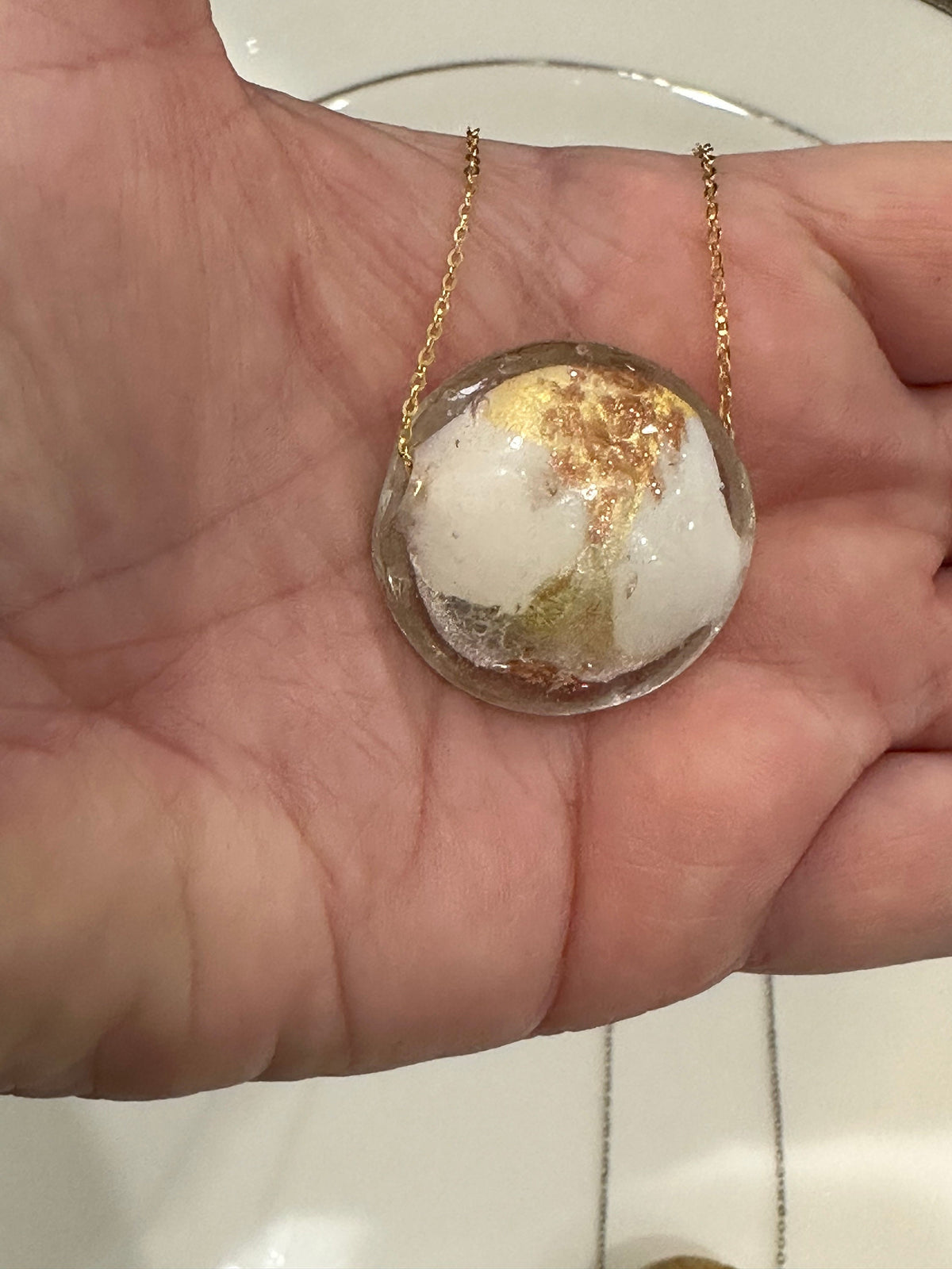 Extra Large White, Gold and Silver Detail Murano Glass on Sterling Chain