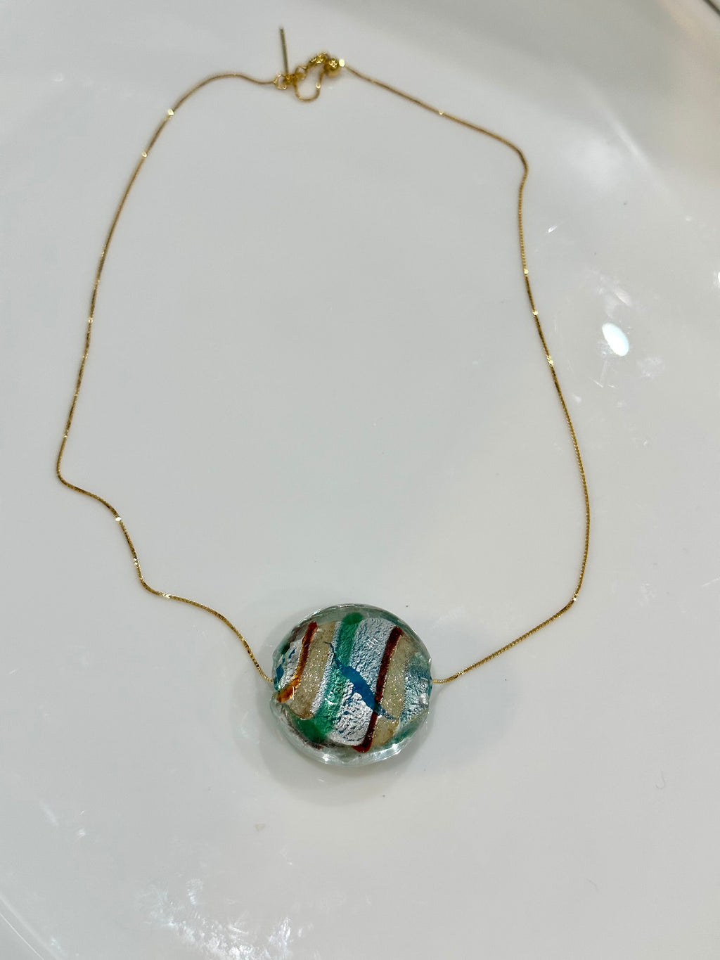 Multicolored Round Extra Large Lampwork Murano Glass on Sterling Chain